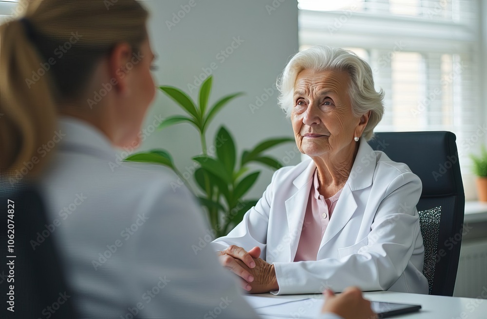 Obraz premium An elderly woman is comfortably sitting at a table talking with a doctor