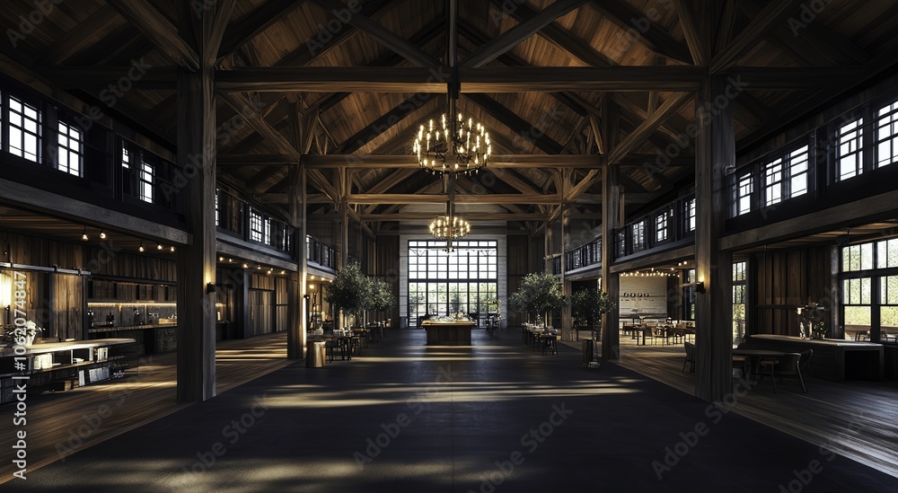 Spacious barn interior featuring wooden beams and flooring, adorned with a central chandelier and abundant natural light from surrounding windows. Spacious barn interior featuring wooden beams and flooring, adorned with a central chandelier and abundant natural light from surrounding windows.