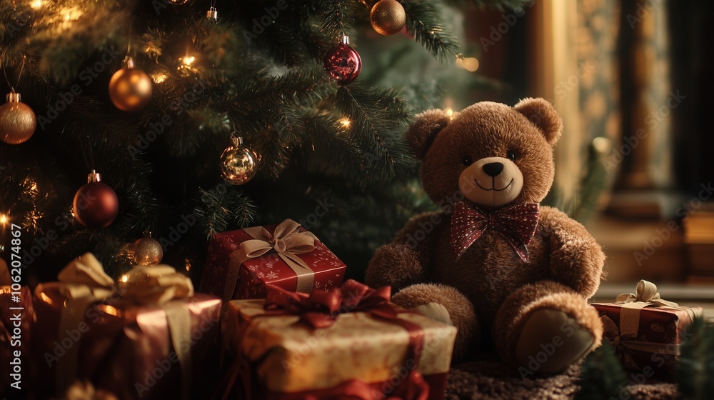 Teddy bear next to a Christmas tree and gifts
