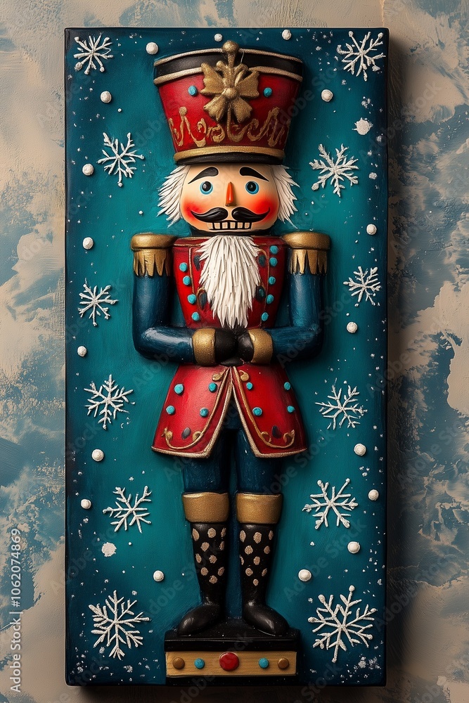 Clay Nutcracker on a Christmas gift on a blue and white wallpaper