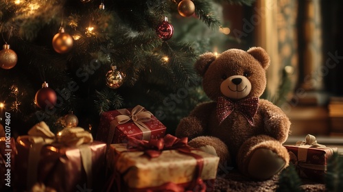 Obraz na płótnie Teddy bear next to a Christmas tree and gifts w salonie