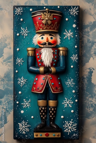 Obraz na płótnie Clay Nutcracker on a Christmas gift on a blue and white wallpaper w salonie