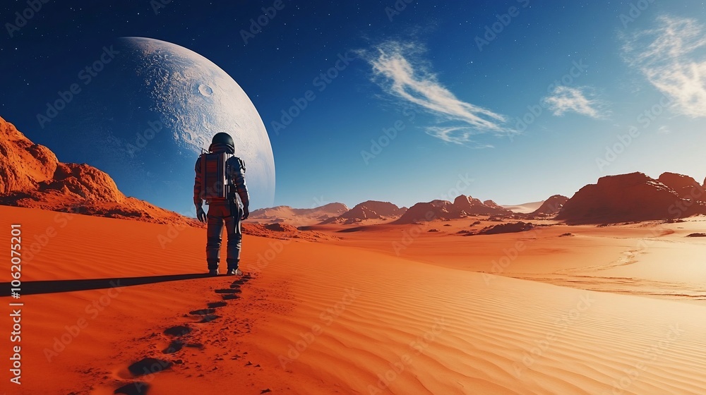 Obraz premium Astronaut standing on a red planet with a large moon in the sky.
