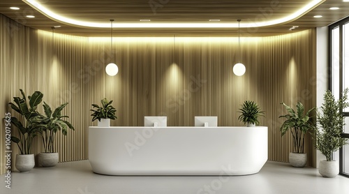 An elegant and modern reception area designed for an aesthetic clinic, featuring minimalist curved walls and stylish white furniture complemented by warm wood paneling and greenery. 