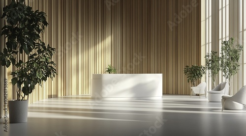 An elegant and modern reception area designed for an aesthetic clinic, featuring minimalist curved walls and stylish white furniture complemented by warm wood paneling and greenery.