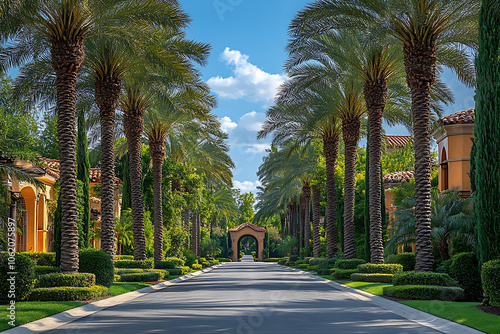 Tall palm trees lining a road in classic Beverly Hills style, with vibrant green leaves against a blue sky, capturing the essence of a luxurious California neighborhood.
