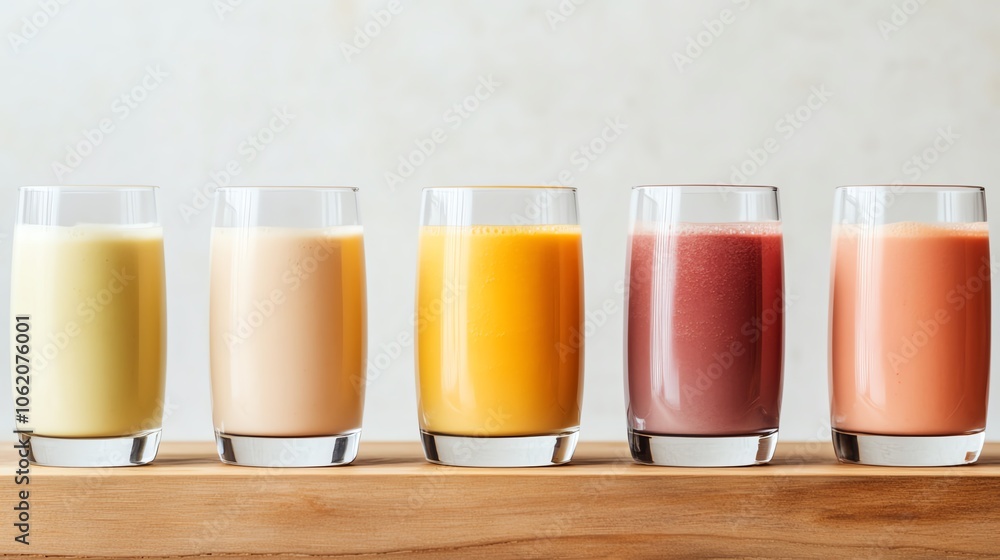 Five colorful drinks in glasses on a wooden table, white background. Five colorful drinks in glasses on a wooden table, white background.