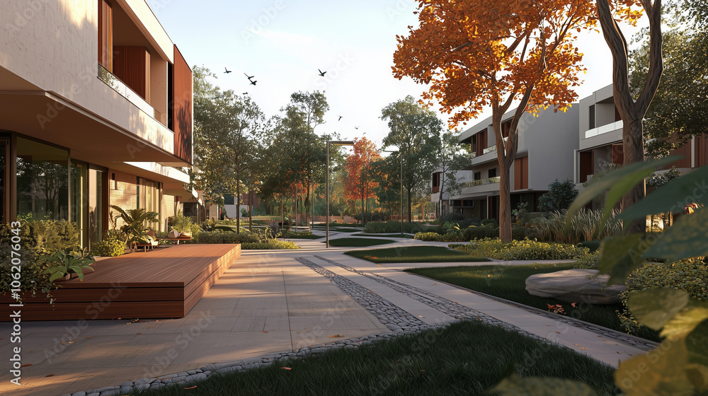 Modern residential complex surrounded by lush greenery, with warm autumn foliage under soft sunlight Modern residential complex surrounded by lush greenery, with warm autumn foliage under soft sunlight