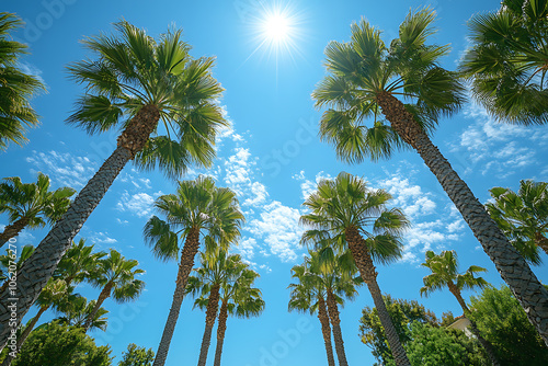 Tall palm trees lining a road in classic Beverly Hills style, with vibrant green leaves against a blue sky, capturing the essence of a luxurious California neighborhood.
