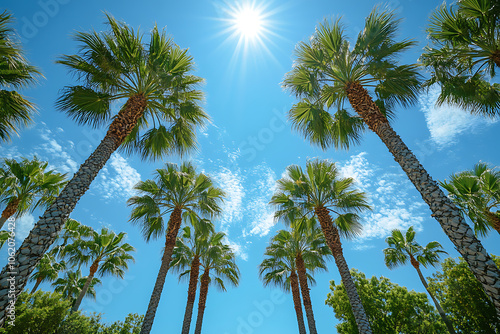 Tall palm trees lining a road in classic Beverly Hills style, with vibrant green leaves against a blue sky, capturing the essence of a luxurious California neighborhood.
