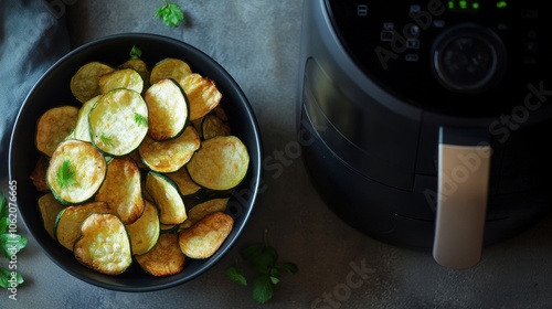 Air Fried Zucchini Chips in Bowl Next to Air Fryer