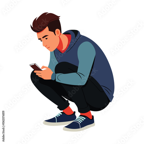 portrait of a guy who is squatting with a phone