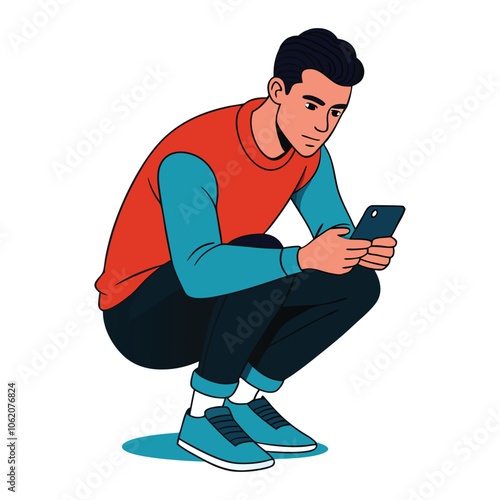 portrait of a guy who is squatting with a phone