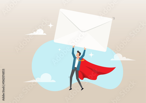 Businessman superhero carrying big email envelope flying to recipient address