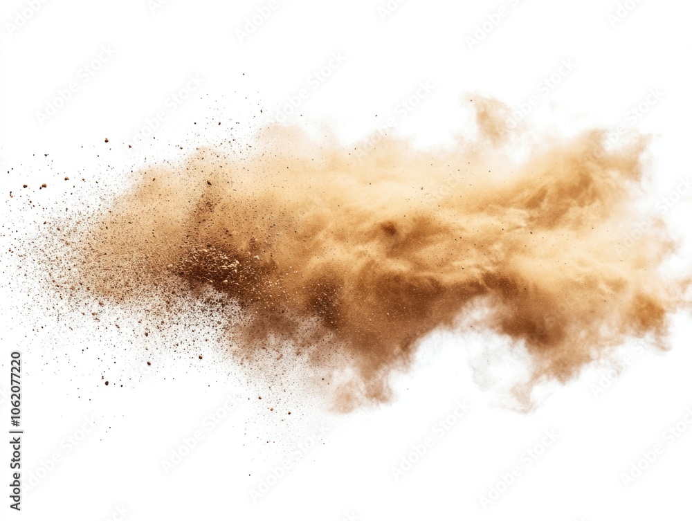 Fine brown granular substance dispersing in the air with some larger clumps. Fine brown granular substance dispersing in the air with some larger clumps.