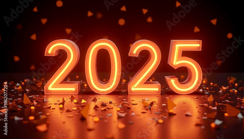 Happy New Year 2025 design, Neon “2025” numbers glowing on a dark background, surrounded by neon confetti and light sparkles, giving it a trendy, stylish vibe