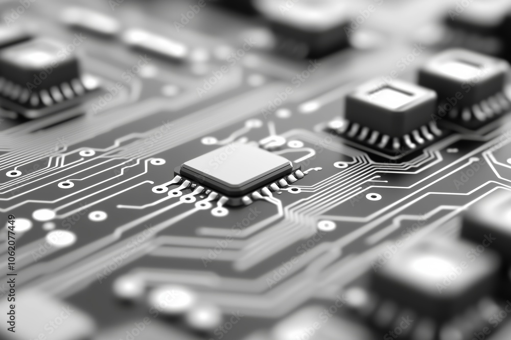 Close-up of electronic circuit board, black and white technology background Close-up of electronic circuit board, black and white technology background