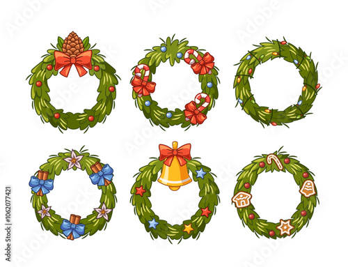 Collection Of Cartoon Christmas Wreaths With Ribbons, Pine Cones, And Decorations Symbolizing Festive Joy And Holiday