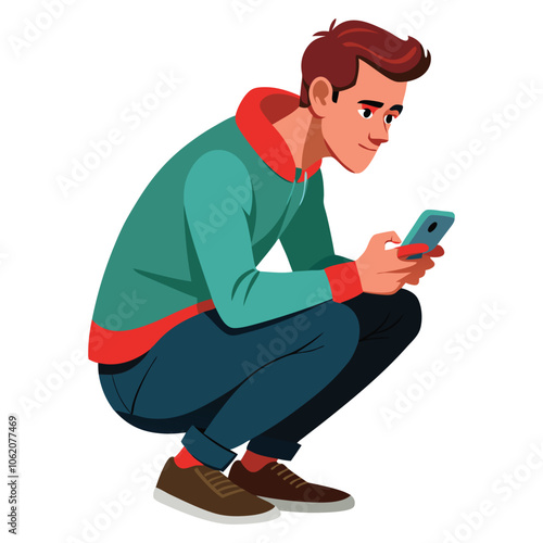 portrait of a guy who is squatting with a phone