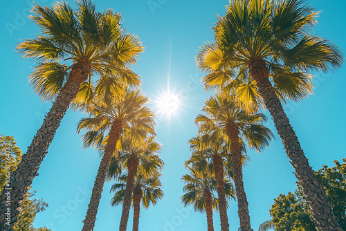 Tall palm trees lining a road in classic Beverly Hills style, with vibrant green leaves against a blue sky, capturing the essence of a luxurious California neighborhood.
