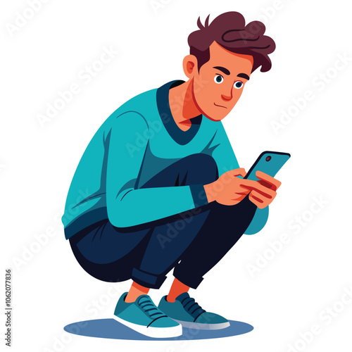 portrait of a guy who is squatting with a phone