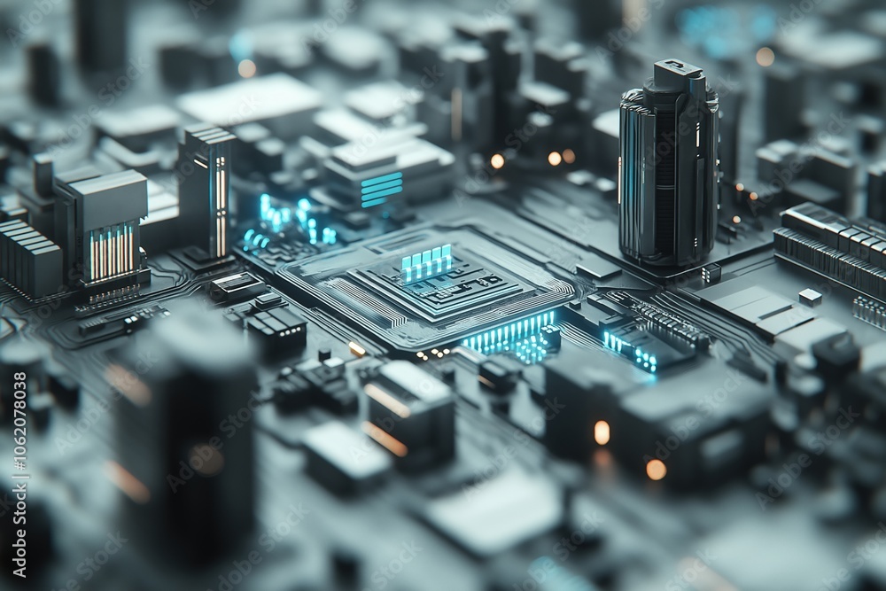 Futuristic cityscape on circuit board, concept of digital infrastructure Futuristic cityscape on circuit board, concept of digital infrastructure
