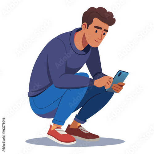 portrait of a guy who is squatting with a phone