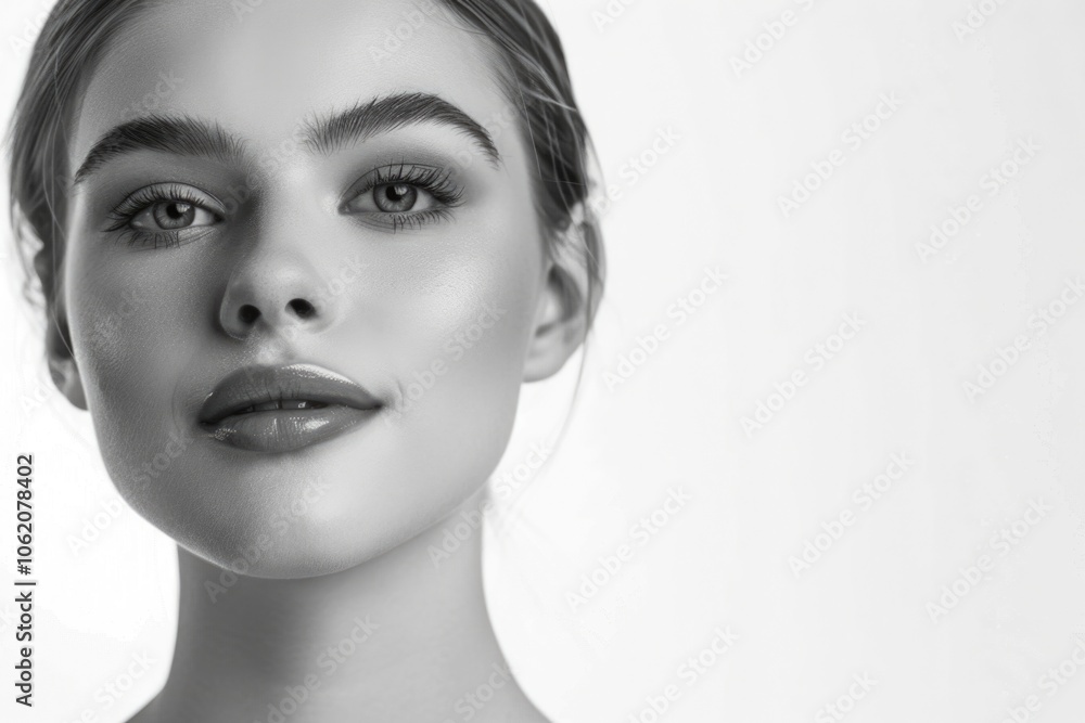 Fototapeta premium Beautiful young model showcasing a radiant complexion and elegant makeup. Her eyes and lips are accentuated, creating an alluring portrait against a neutral backdrop.
