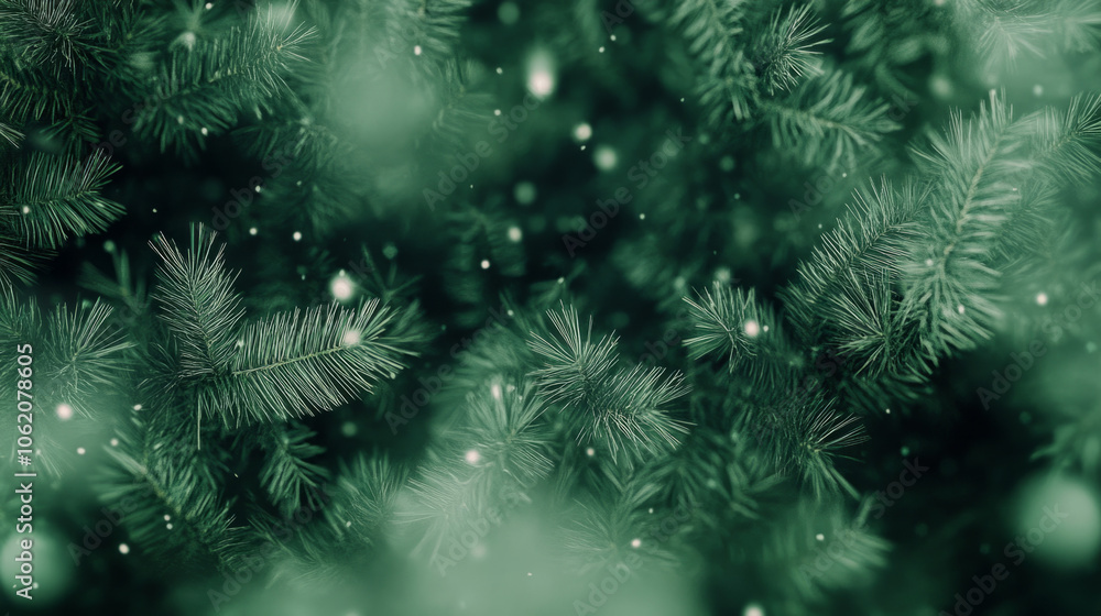 Close-up of green pine branches illuminated by soft snowfall in winter Close-up of green pine branches illuminated by soft snowfall in winter