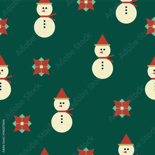 Christmas, winter holidays seamless pattern with snowmen and holies on the dark green background. Gift box packaging design. Vector illustration.  photo