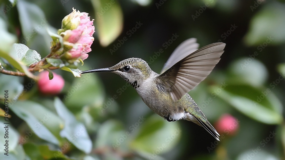 A hummingbird hovers in mid-air, its long beak extended to sip nectar from a pink flower. A hummingbird hovers in mid-air, its long beak extended to sip nectar from a pink flower.