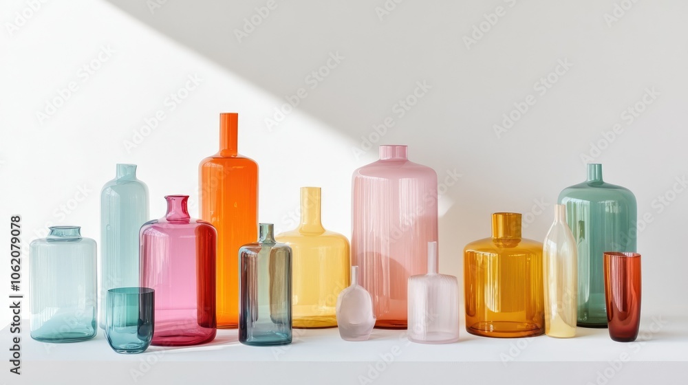 A vibrant array of colored glass bottles and vases artfully arranged on a white background, showcasing their unique shapes and hues, perfect for a modern decor aesthetic. A vibrant array of colored glass bottles and vases artfully arranged on a white background, showcasing their unique shapes and hues, perfect for a modern decor aesthetic.