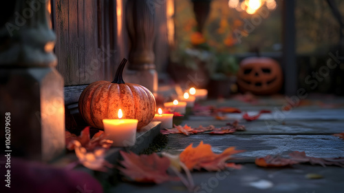 A cozy autumn porch decorated with pumpkins, candles, and fallen leaves, radiating a festive and welcoming Halloween vibe. photo