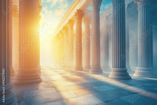 Golden light illuminating ancient columns in a classical architectural setting at dawn