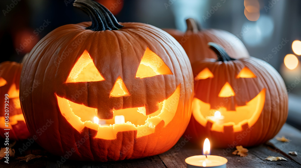 Close-up of a glowing jack-o'-lantern with a mischievous smile, set in a dark, atmospheric Halloween environment. Close-up of a glowing jack-o'-lantern with a mischievous smile, set in a dark, atmospheric Halloween environment.
