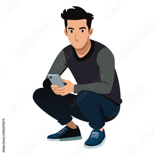 portrait of a guy who is squatting with a phone