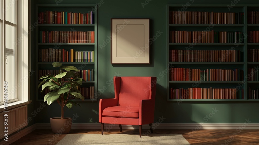 Cozy reading nook with a red chair, bookshelves, and natural light. Cozy reading nook with a red chair, bookshelves, and natural light.