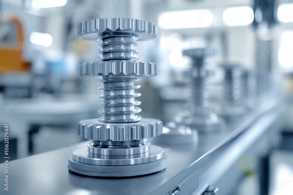 Metal gears and components on an assembly line in a manufacturing facility during daylight hours Metal gears and components on an assembly line in a manufacturing facility during daylight hours