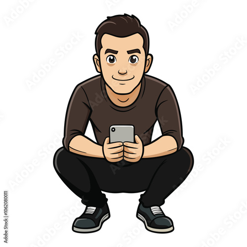 portrait of a guy who is squatting with a phone