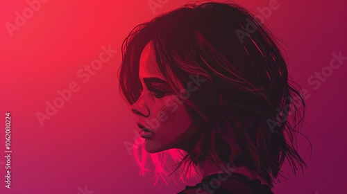 A digital illustration of a woman with short dark hair, in profile, looking down with a thoughtful expression against a gradient background of pink and red.