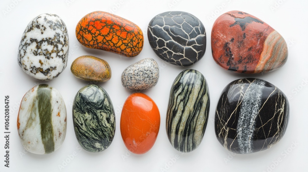 Beautiful arrangement of colorful, smooth stones, each with unique textures against a white background Beautiful arrangement of colorful, smooth stones, each with unique textures against a white background