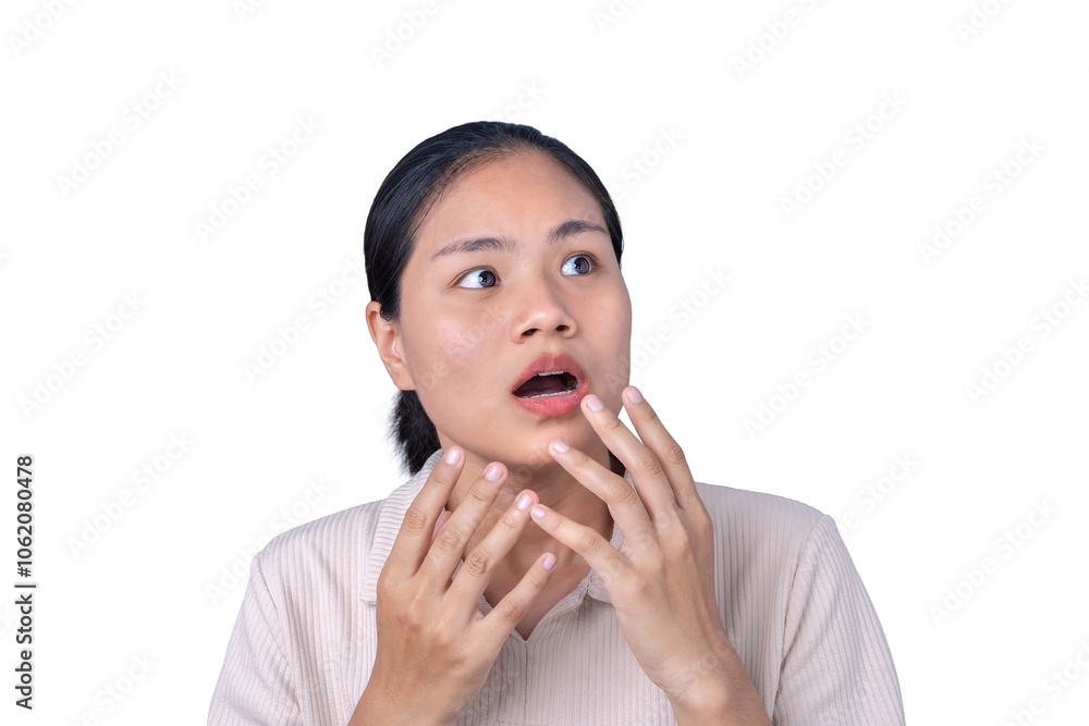 Young woman with a surprised or shocked expression, panicked, eyes wide, hands covering mouth, facial expressions, and gestures on a white background. Young woman with a surprised or shocked expression, panicked, eyes wide, hands covering mouth, facial expressions, and gestures on a white background.