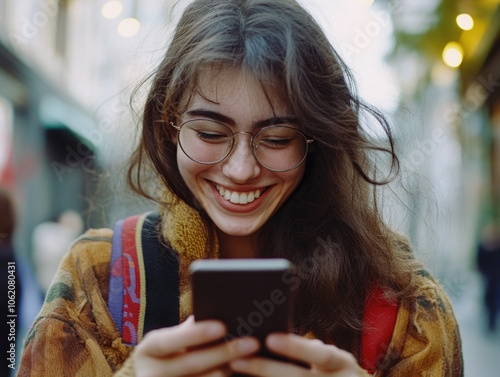 Smiling young woman wearing modern glasses, enjoying a moment on a city street at night.