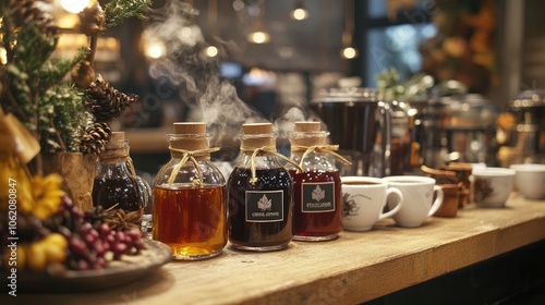 An artisan coffee shop display showcasing various flavored syrups in rustic glass bottles, surrounded by seasonal decorations and steaming mugs filled with spiced drinks.