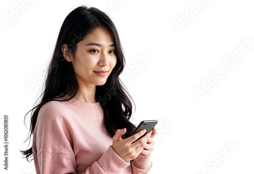 Smiling young woman holding smartphone.	