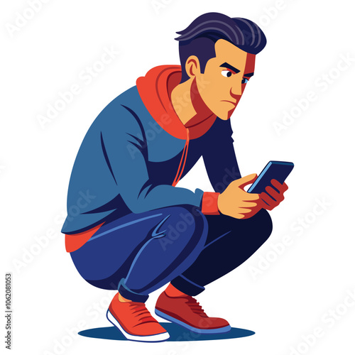 portrait of a guy who is squatting with a phone