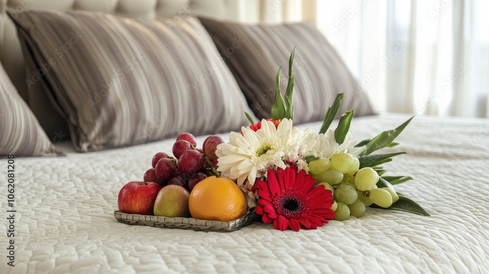 Beautifully arranged welcome set with fruit and flowers on a neatly made bed in a luxury hotel room Beautifully arranged welcome set with fruit and flowers on a neatly made bed in a luxury hotel room