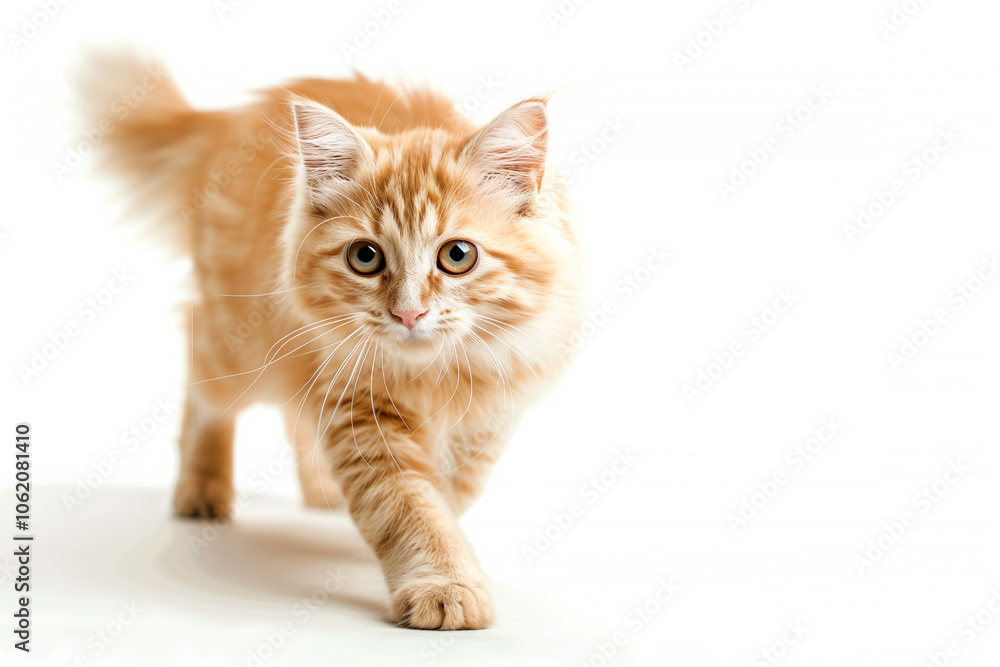 Fototapeta premium A fluffy orange cat walking towards the camera with a curious expression. The background is plain white, highlighting the cat's vibrant fur and features.