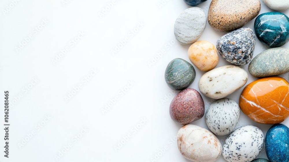 Bright, smooth stones arranged on a clean white background, with unique textures and colors Bright, smooth stones arranged on a clean white background, with unique textures and colors