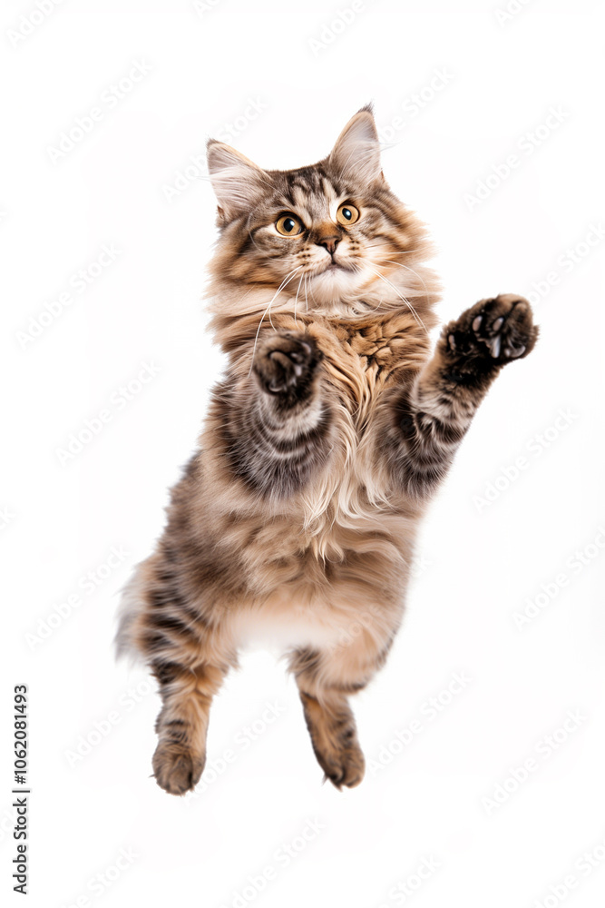 Fototapeta premium A fluffy, playful cat jumping in the air with its paws outstretched. The cat has a beautiful coat with a mix of brown and cream colors, and its eyes are wide open, showcasing excitement.